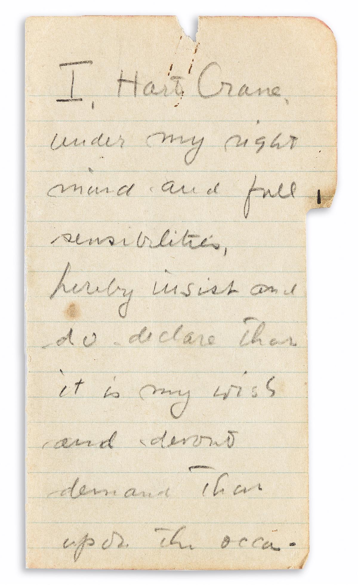 CRANE, HART. Autograph Manuscript Signed, twice (Hart Crane in the third person within the text and Harold Hart Crane),